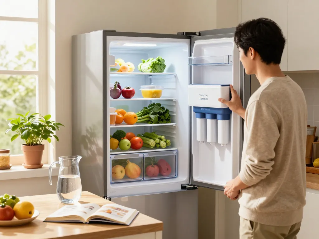 Home kitchen featuring the Waterdrop EDR4RXD1 Refrigerator Water Filter in use, with fresh ingredients and filtered water.