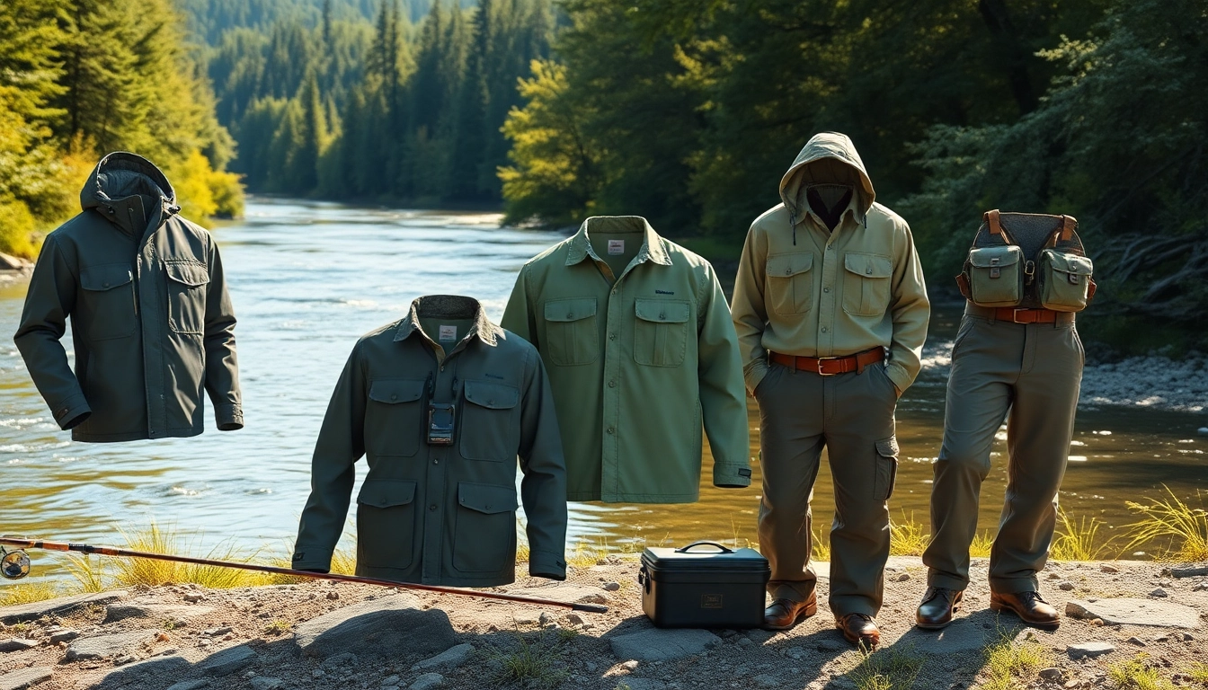 Showcasing fly fishing apparel, this scene captures quality outdoor garments against a serene river landscape.