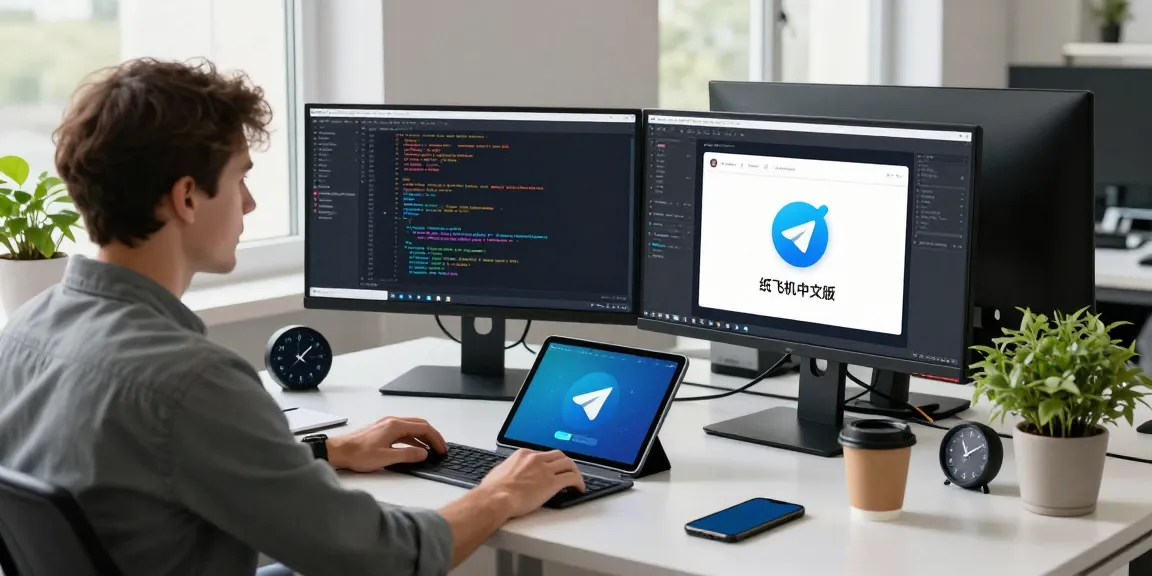 Developer coding in a modern workspace, demonstrating 纸飞机中文版 app features on multiple screens.