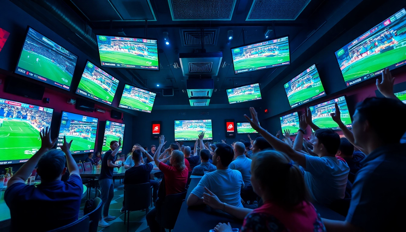 Exciting sports betting lounge packed with fans enjoying 토토스토리 live events.