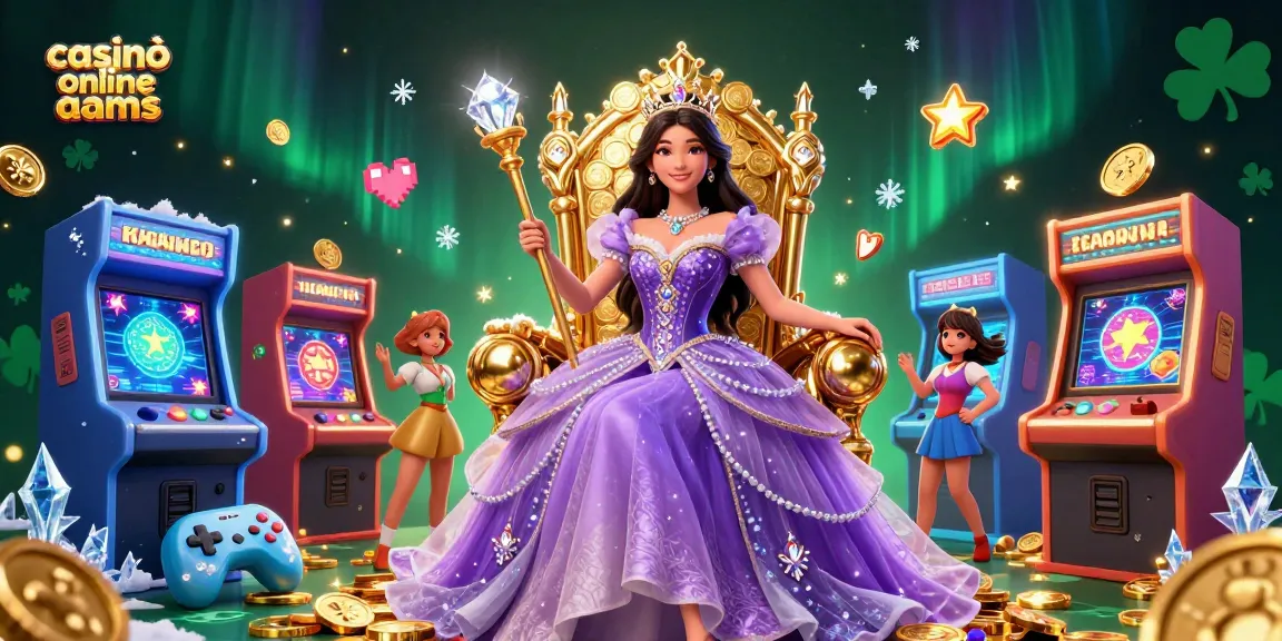 I casinò online non AAMS promuovono un gioco sicuro con un'elegante principessa che tiene un scettro tra elementi vivaci di giochi arcade e monete d'oro.
