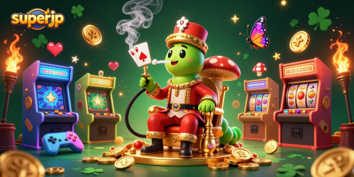 Experience superjp's vibrant jackpot themed casino atmosphere with colorful arcade elements and dynamic characters.