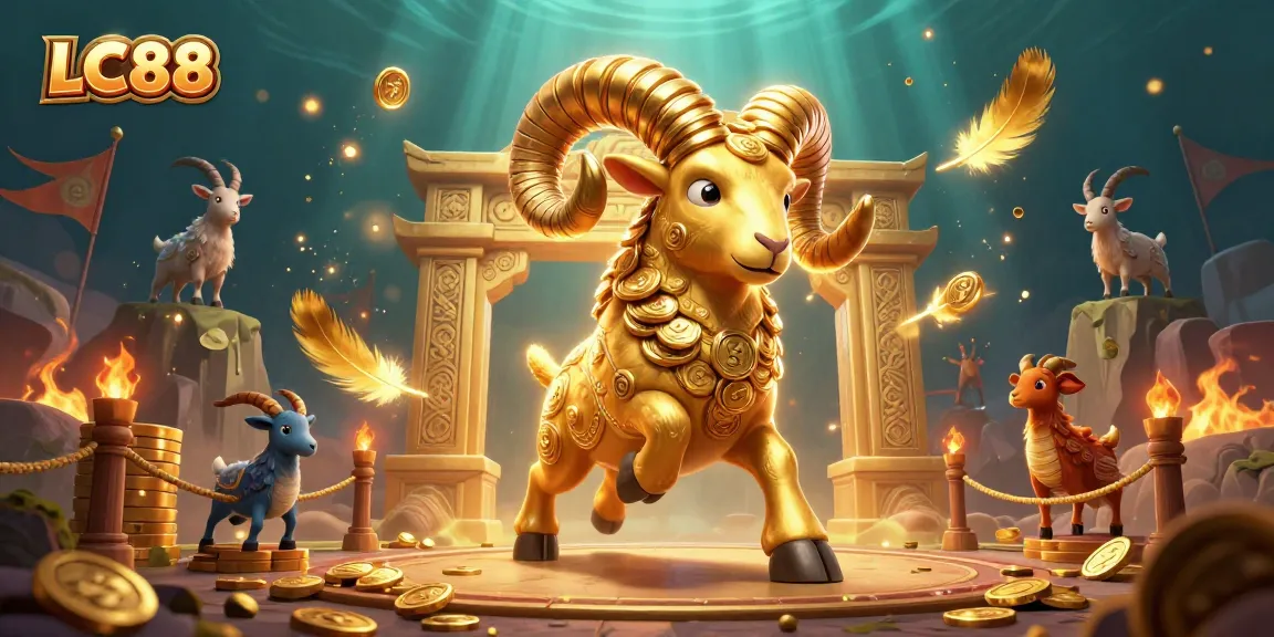 Experience thrilling games at LC88 with a massive golden ram charging through a vibrant arcade.