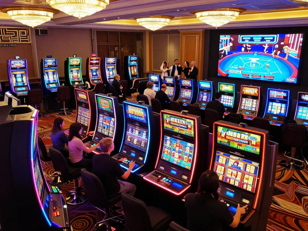 IDNSCORE slot machines in action, showcasing colorful games and players enjoying their thrilling experience.