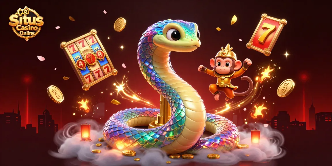 Situs Casino Online captivating scene featuring a rainbow serpent, monkey king, and dynamic slot reels.