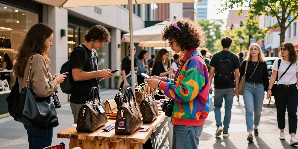 Shoppers exploring high-quality 레플리카 쇼핑몰 items in an urban setting with trendy fashion elements.