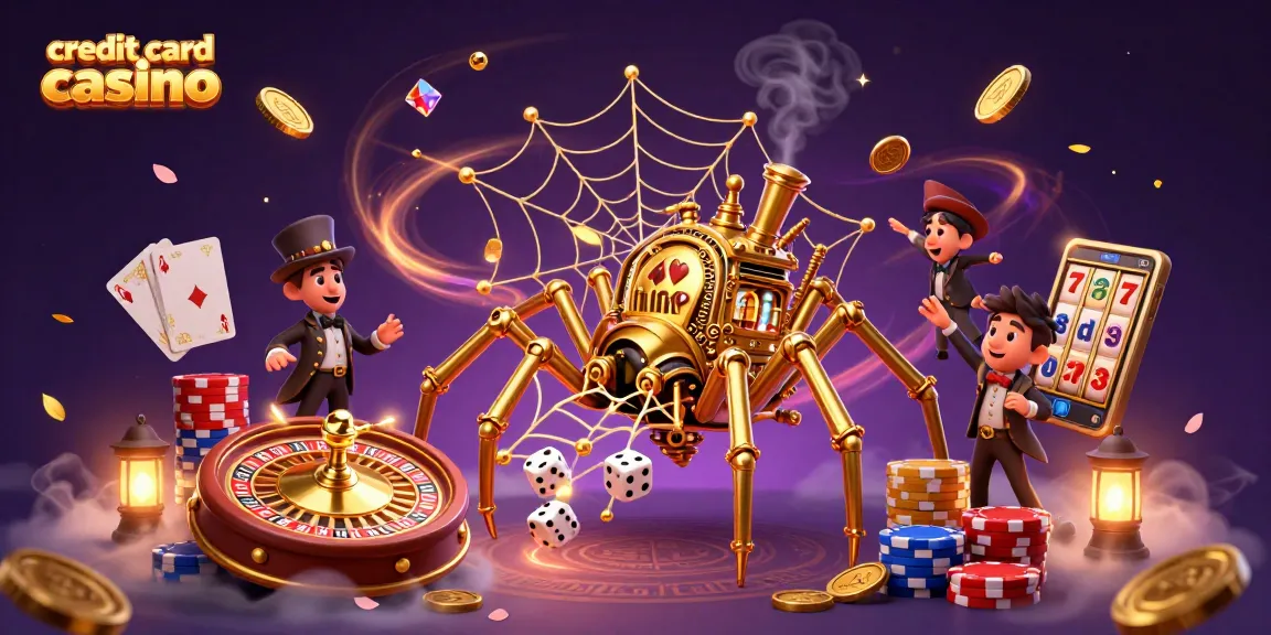 Engaging scene of a credit card casino featuring a steampunk spider and fly, surrounded by vibrant casino elements.