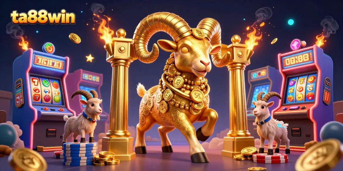 Experience the thrilling excitement of ta88win with a dynamic 3D illustration featuring a golden ram charging through casino elements.