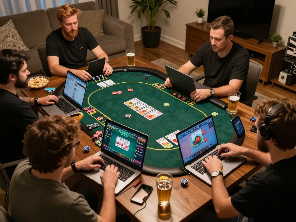 Engaging online poker session showcasing players using the Sunwin app, illuminated game screens and home comforts.