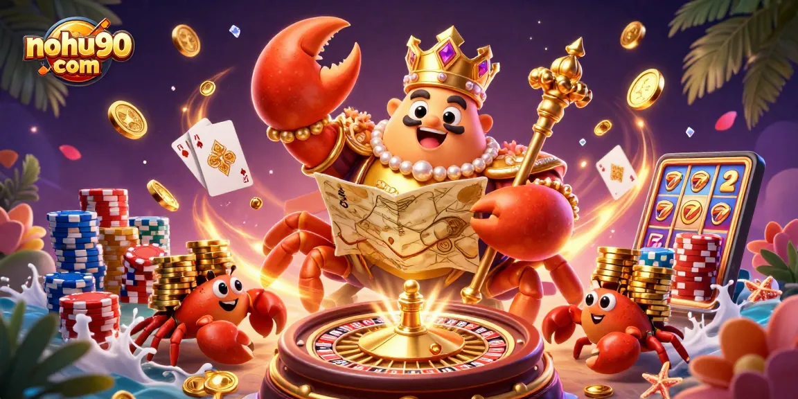 Spin the reels at nohu90 com with a golden crab emperor amid dazzling casino elements.