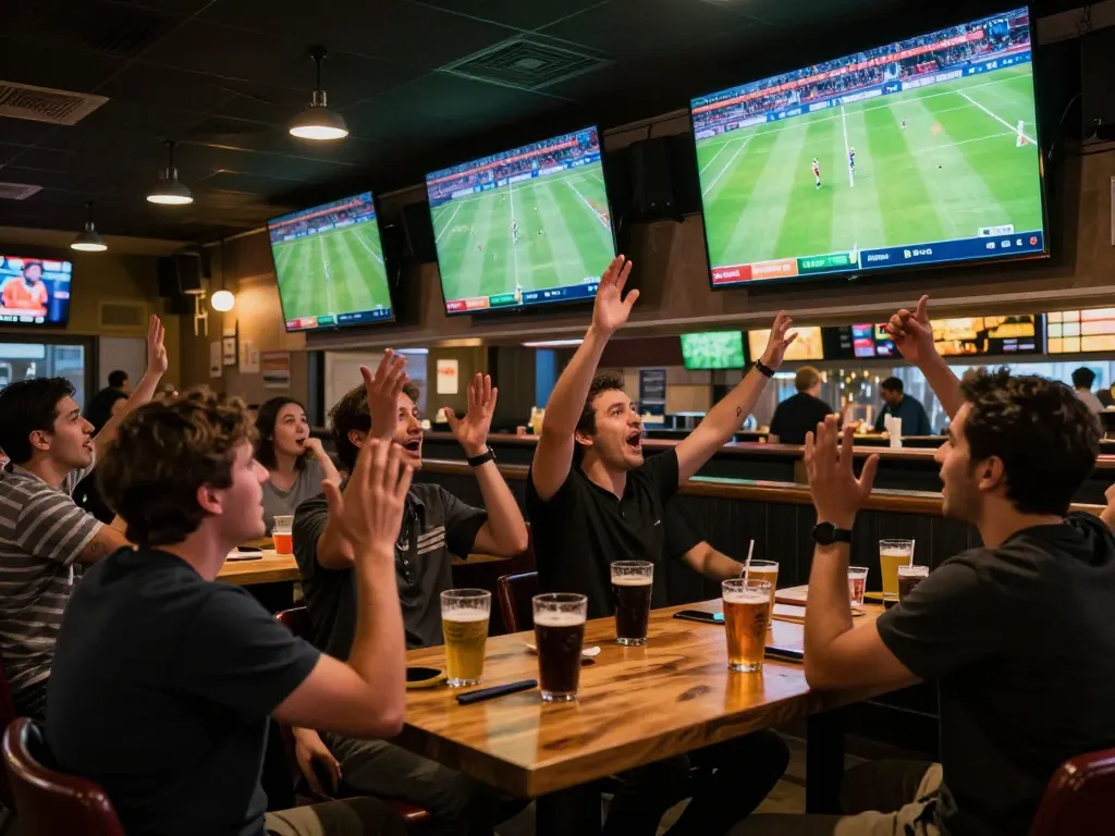 Engaged sports fans celebrating a goal while watching ca khia matches on multiple screens.