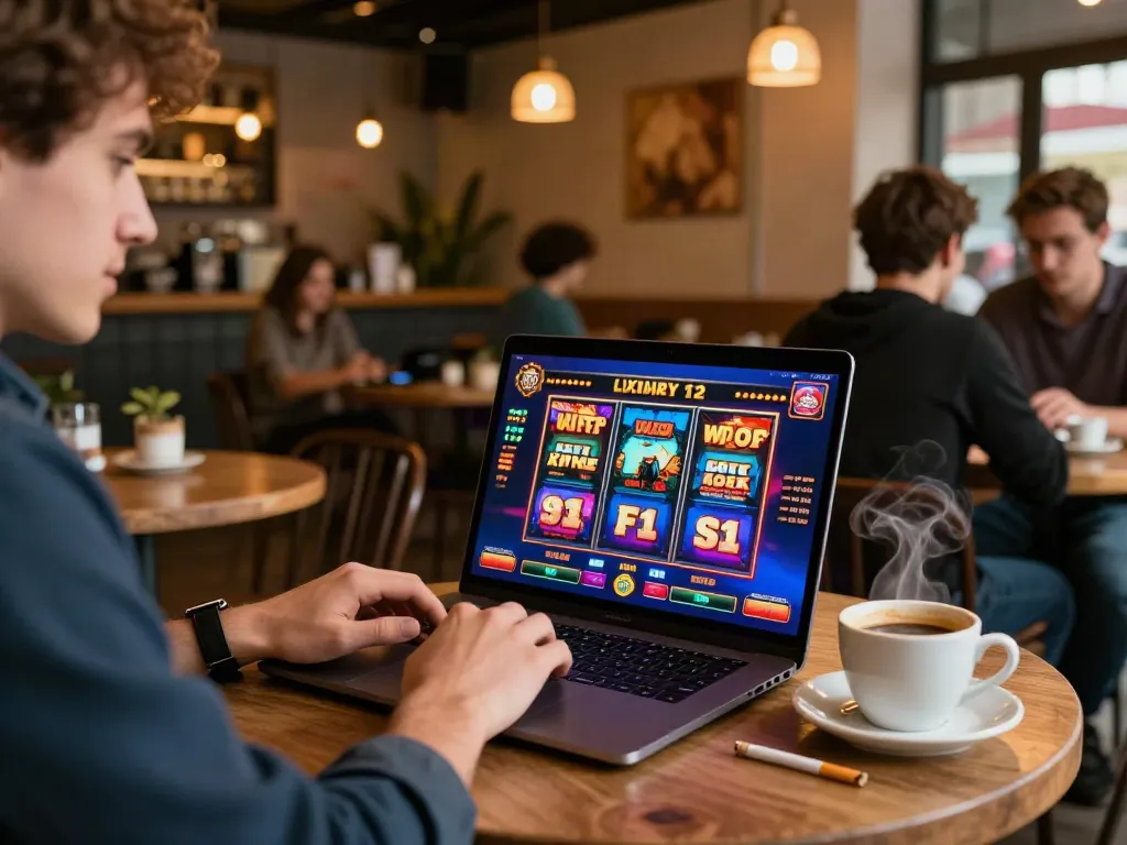 Engaged player enjoying luxury12 slot games at a café table with coffee and friends.
