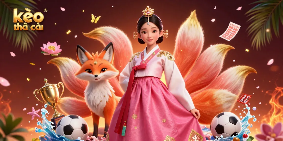 Immerse in kèo nhà cái betting action with a graceful Asian woman and a lucky nine-tailed fox surrounded by vibrant betting elements.