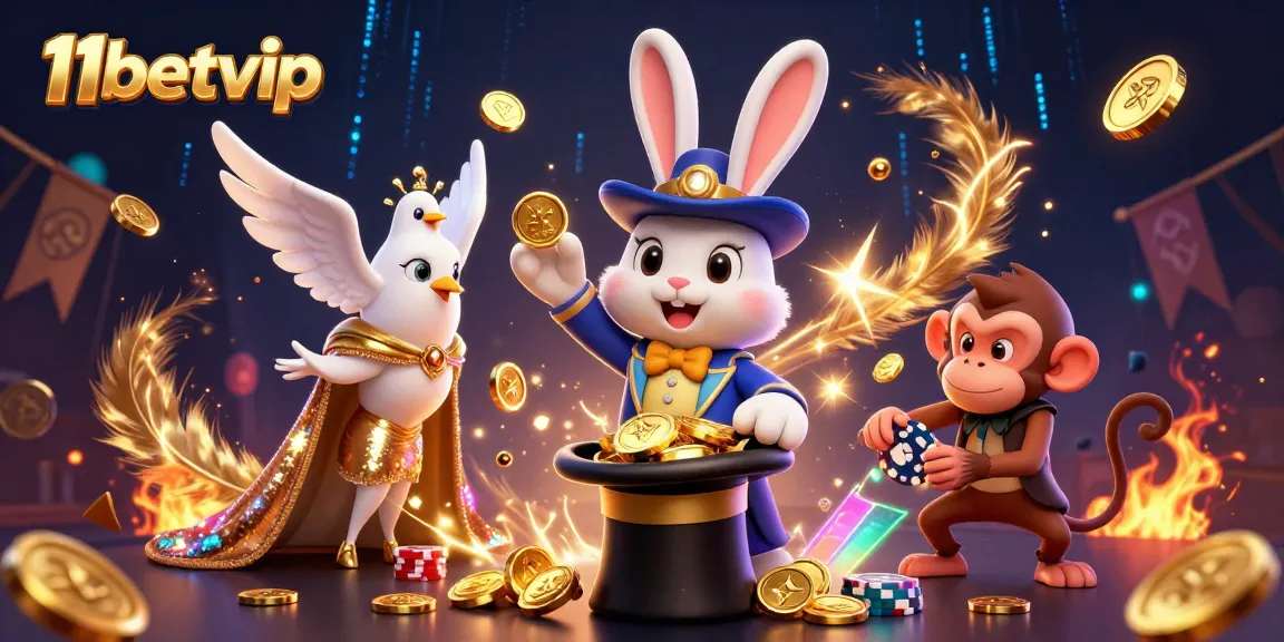 Experience thrilling wins with 11betvip in a vibrant casino atmosphere featuring dynamic characters.