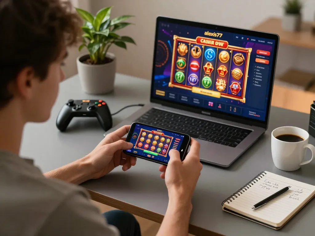 Engaging player using alexis77 app on smartphone amidst cozy home gaming setup.