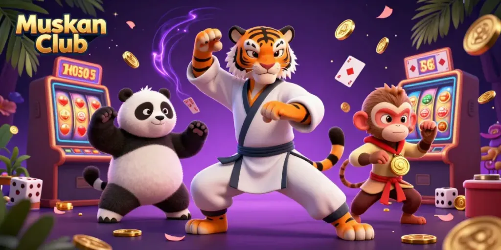 Engage in thrilling gaming with Muskan Club's dynamic 3D casino illustration featuring kung fu characters amidst vivid slot elements.