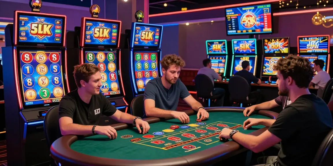Engaging online gaming scene showcasing slot depo 5k with vibrant casino games, excited players, and dynamic graphics.