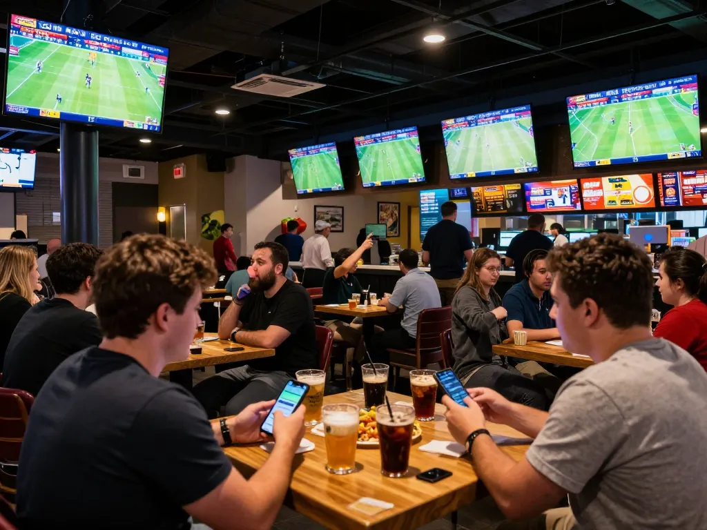 Engaging in parlay bola betting at a lively sports bar with friends and multiple screens