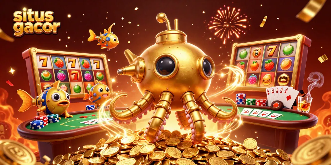 Experience the excitement of situs slot gacor with a vibrant 3D illustration of a golden kraken submarine amidst slots and poker.