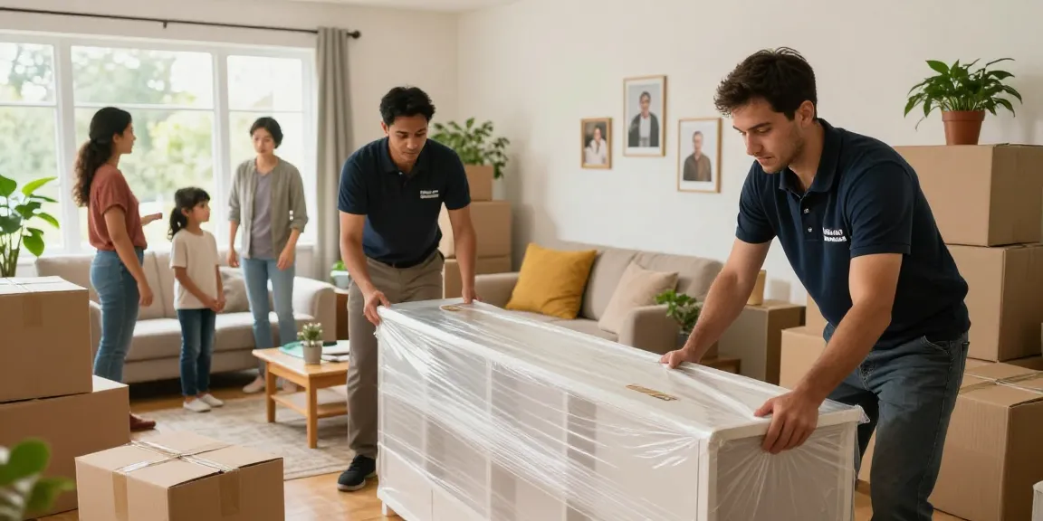Men on Mission movers carefully packing furniture, ensuring safe relocation in a bright home.
