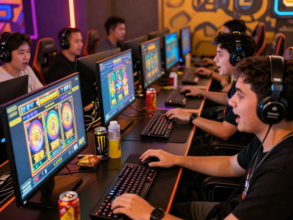 Exciting players engaged in bandar slot gacor gaming, showcasing vibrant online environment and interactive elements.