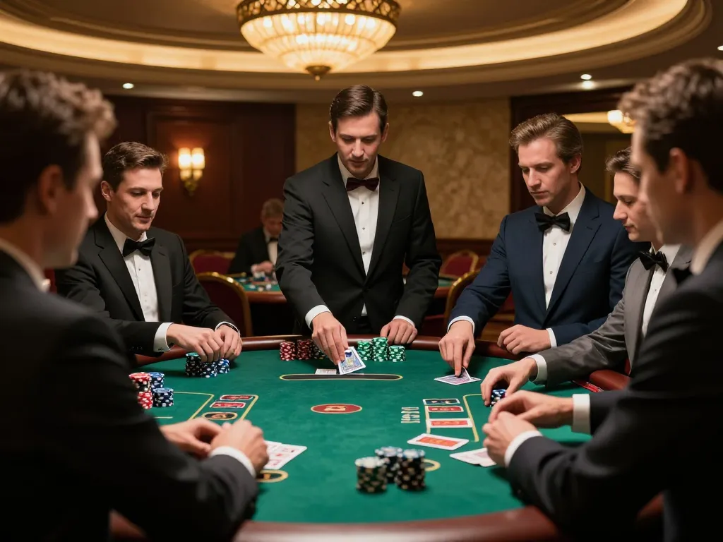 iWin players strategizing at an upscale blackjack table with vibrant chips and cards