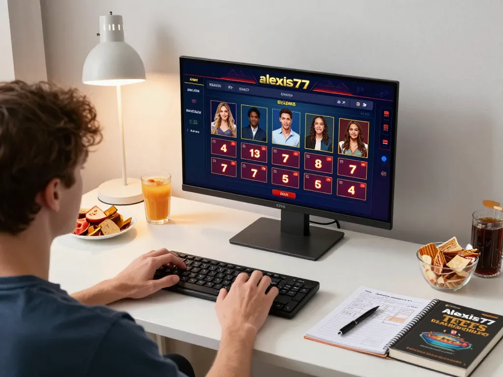 Enjoying online gaming on alexis77 platform at home, focused on casino action with snacks at hand.