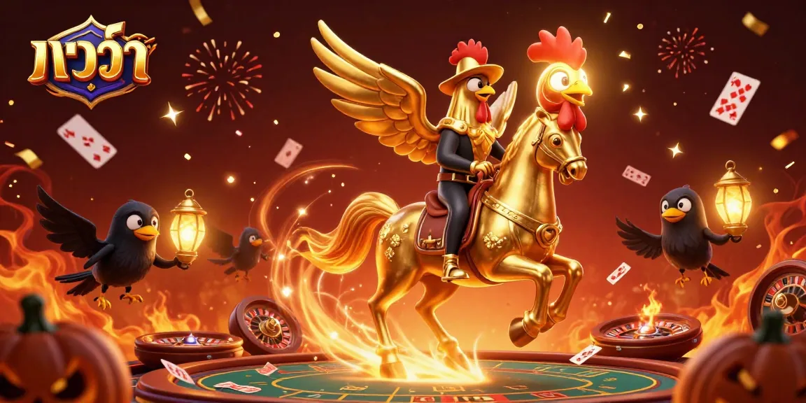 Engage in บาคาร่า gameplay with a vibrant casino scene featuring golden rooster and festive elements.
