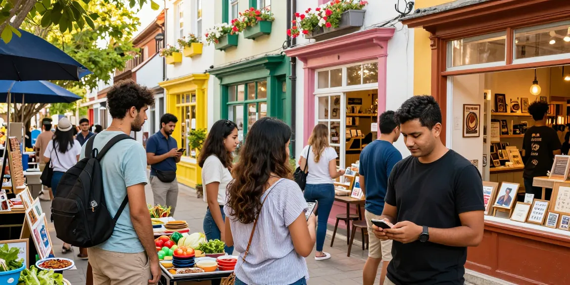 Diverse group enjoying local shopping experience in vibrant district with unique cafes and products.