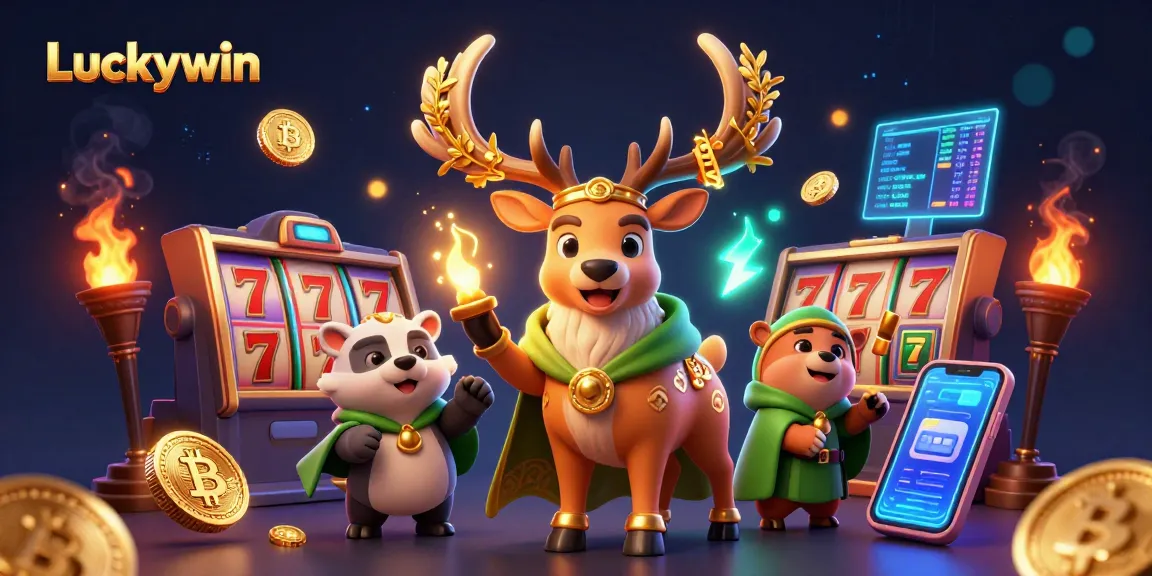 Engage with Luckywin's dynamic casino scene featuring a druid stag and magical elements.
