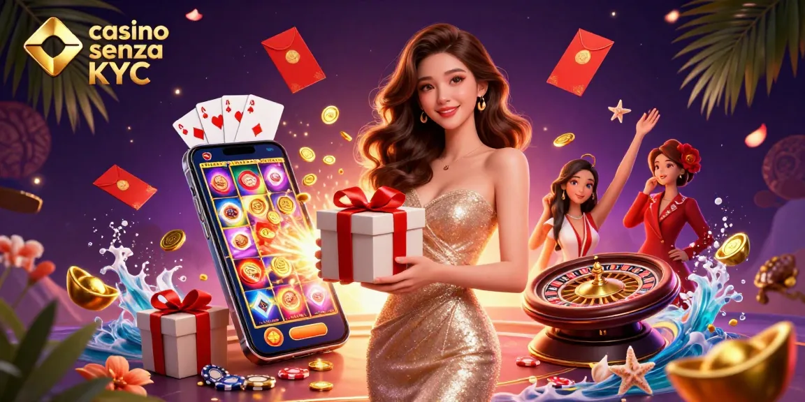 Scopri l'emozione del casino senza KYC con un'illustrazione straordinaria che presenta elementi vincenti e colori vivaci.