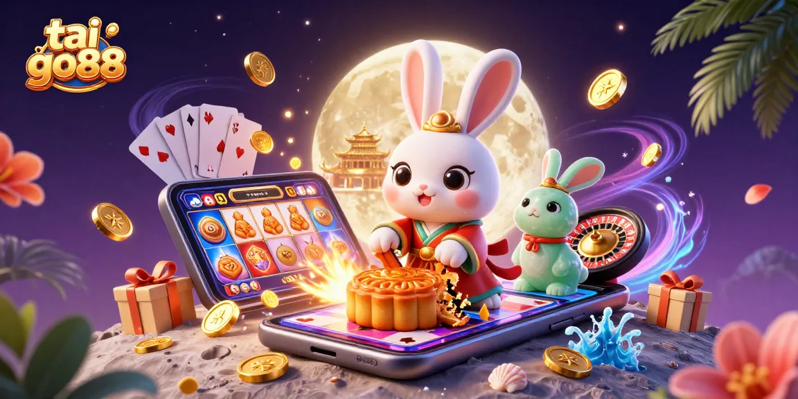 Experience tai go88 with the moon rabbit celebrating casino wins, showcasing vibrant games and festive elements.