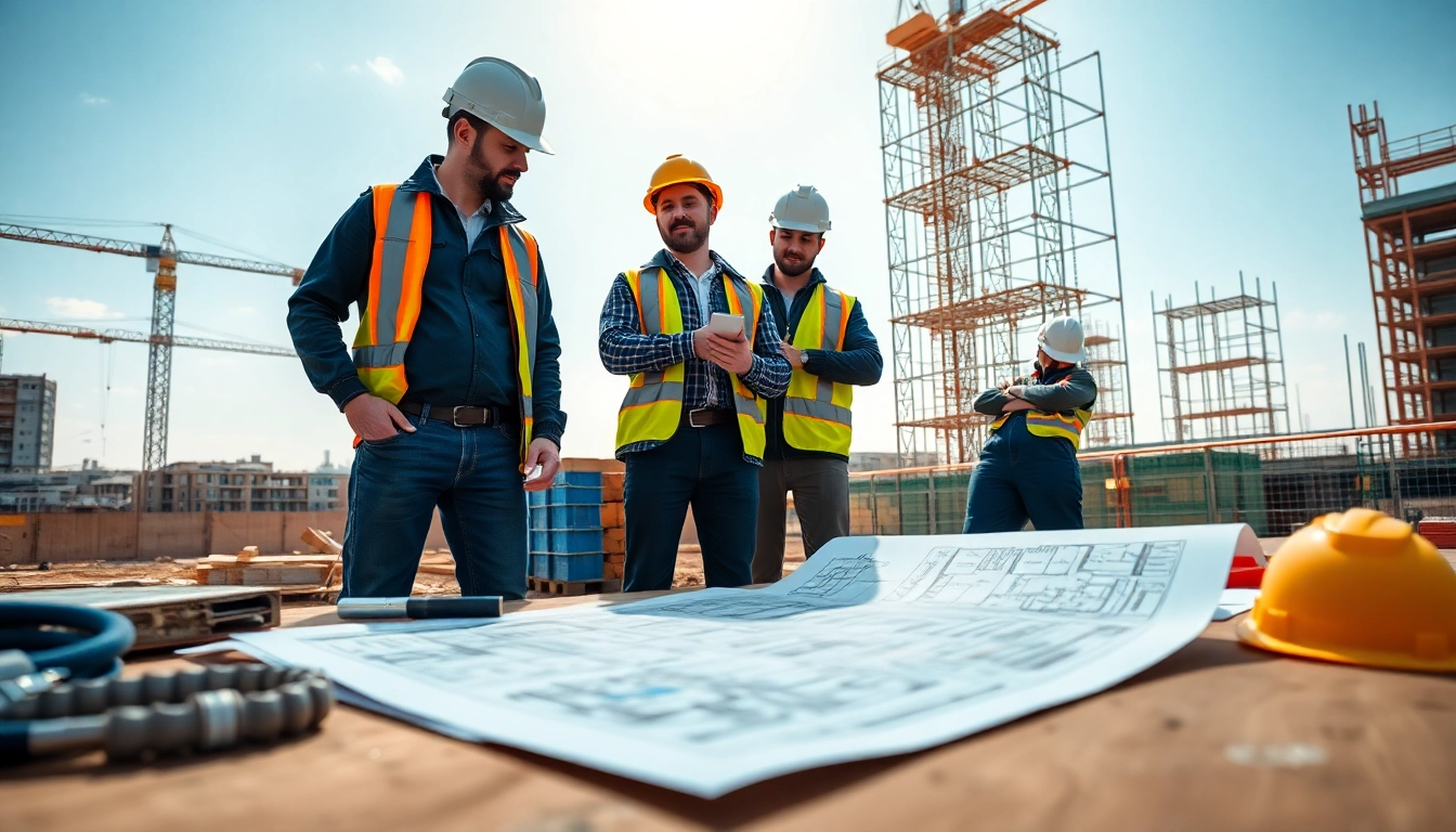 Engaged workers participating in construction management training on a job site.