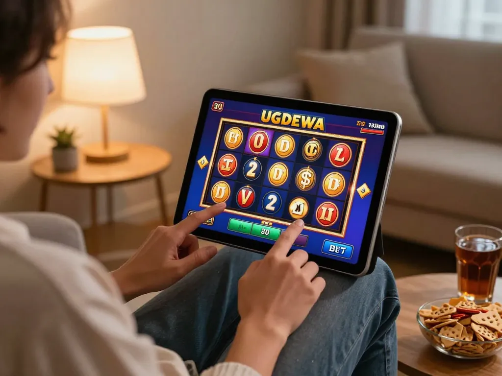 Experience thrilling UGDEWA slots gameplay in a cozy home setting with engaging visuals.