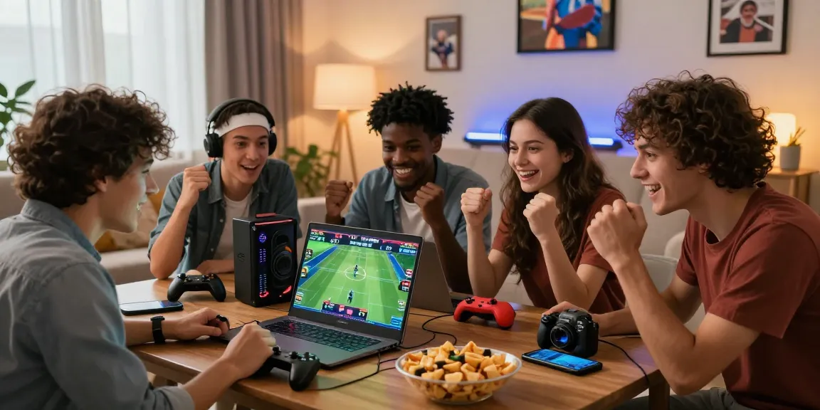 OPEN88 online gaming scene with friends celebrating sports betting victory in a cozy living room