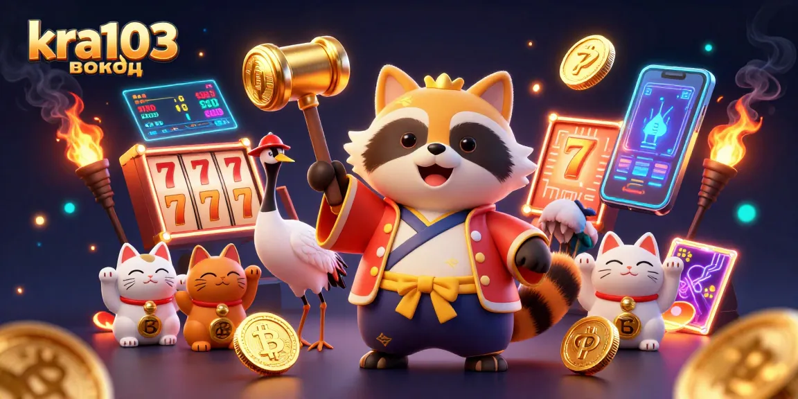 Spin the luck with kra103 вход, featuring cheerful tanuki and vibrant slot games.