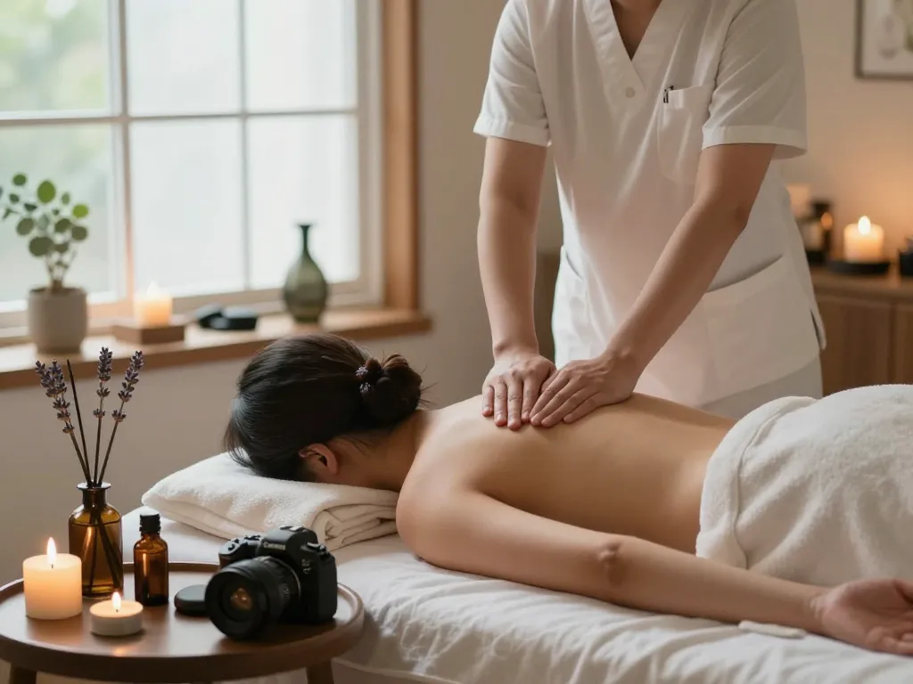 부드러운 촛불과 향기로운 식물이 있는 평화로운 스파 환경에서 강남마사지를 즐기는 모습.