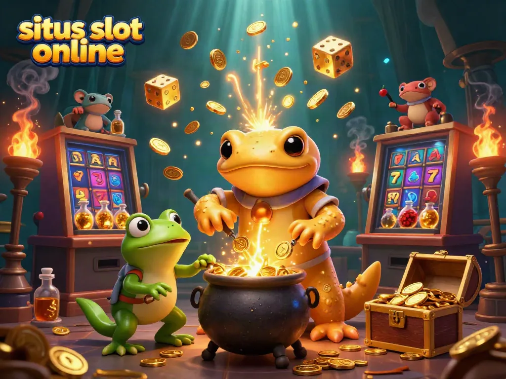 Penuh aksi di situs slot online dengan alkemis dan simbol keberuntungan berkilau di sekitar.