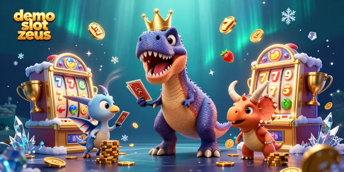 Experience the excitement of demo slot zeus with a vibrant 3D illustration of fun casino characters, engaging in play.