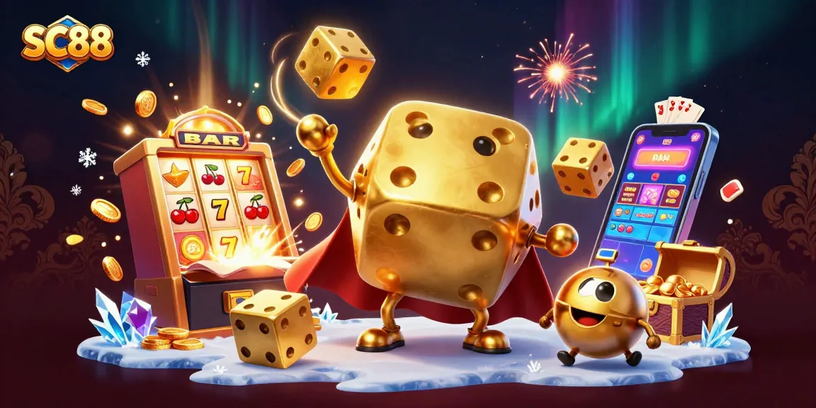 SC88 showcases an exciting 3D golden dice golem juggling golden dice amid scenic gambling elements.