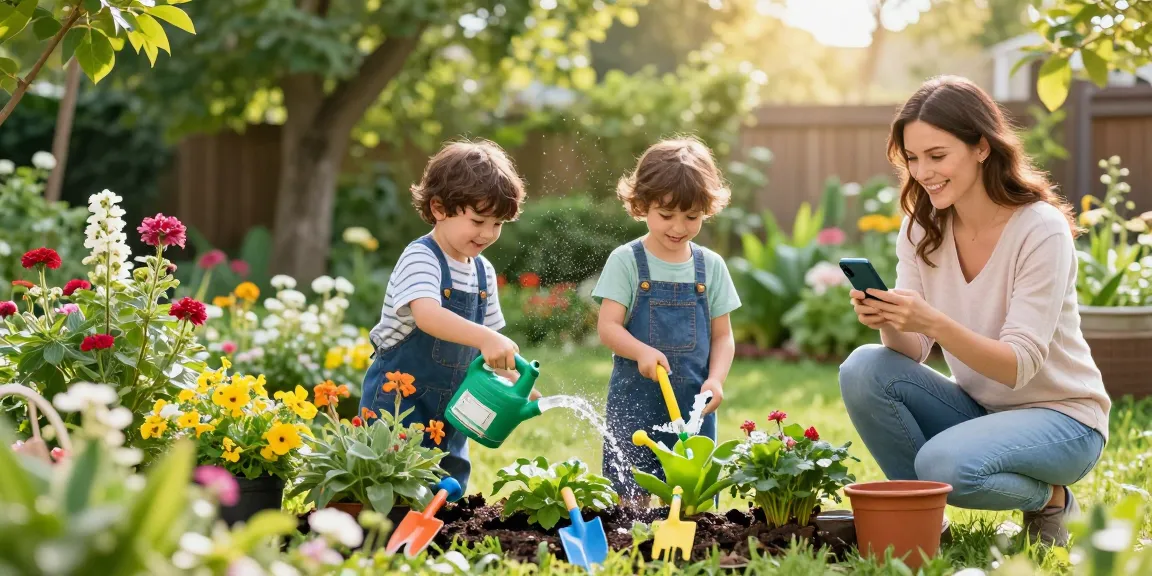 Family efficiently using the rainpoint water timer to nurture their flourishing garden.