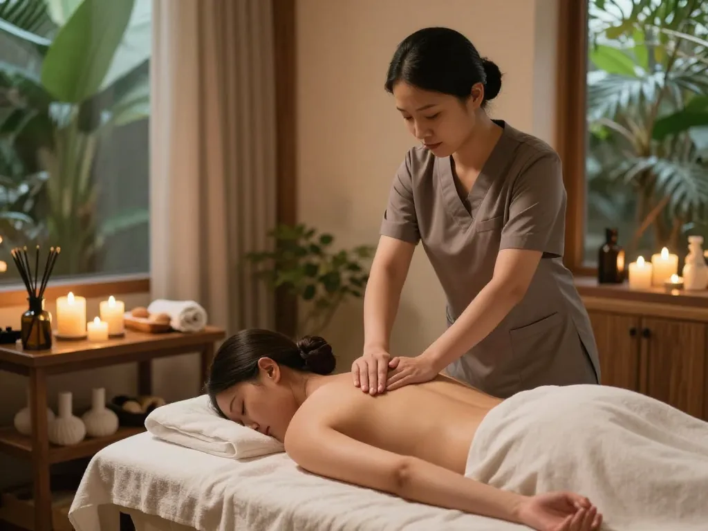 Relaxing 역삼동마사지 session with a professional therapist in a tranquil wellness center.