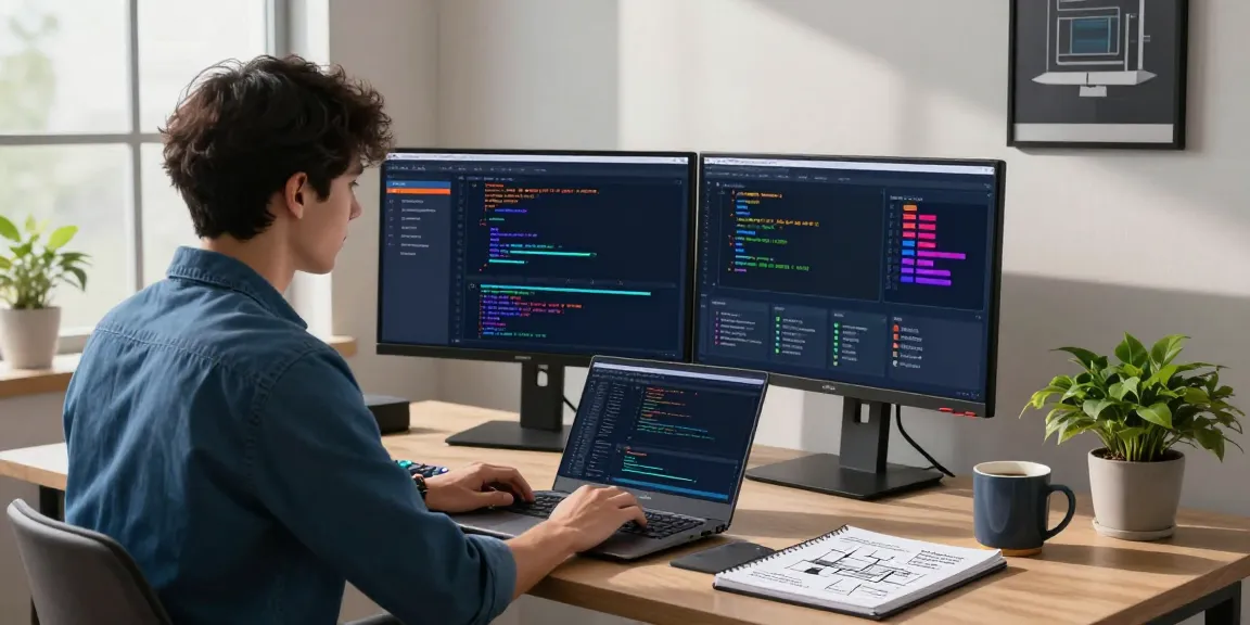 Engineer managing APIs with Waygrid in a modern workspace, showcasing analytics and coding.