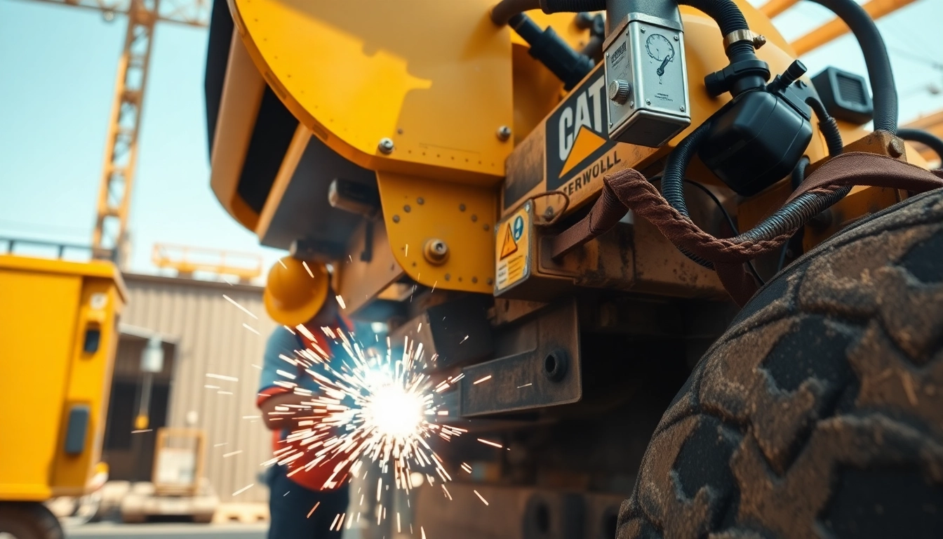 Caterpillar welding machines operate powerfully during welding tasks, showcasing efficiency and skill in metalwork.