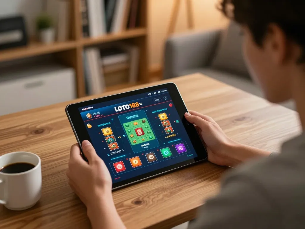 Engaging with the LOTO188 LINK on a tablet in a cozy home setting for online gambling