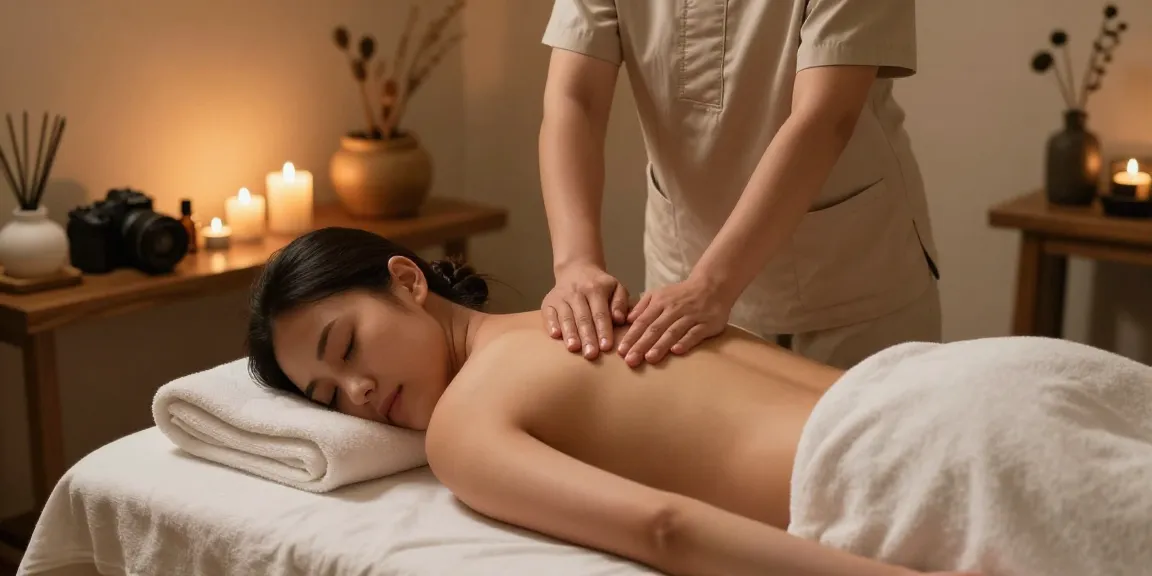 A peaceful massage session in a wellness spa showcasing 마사지 therapy with calming ambiance and natural elements.