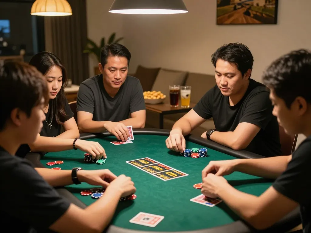Playing Togel Singapore with friends around a poker table, showcasing live betting strategy and excitement.