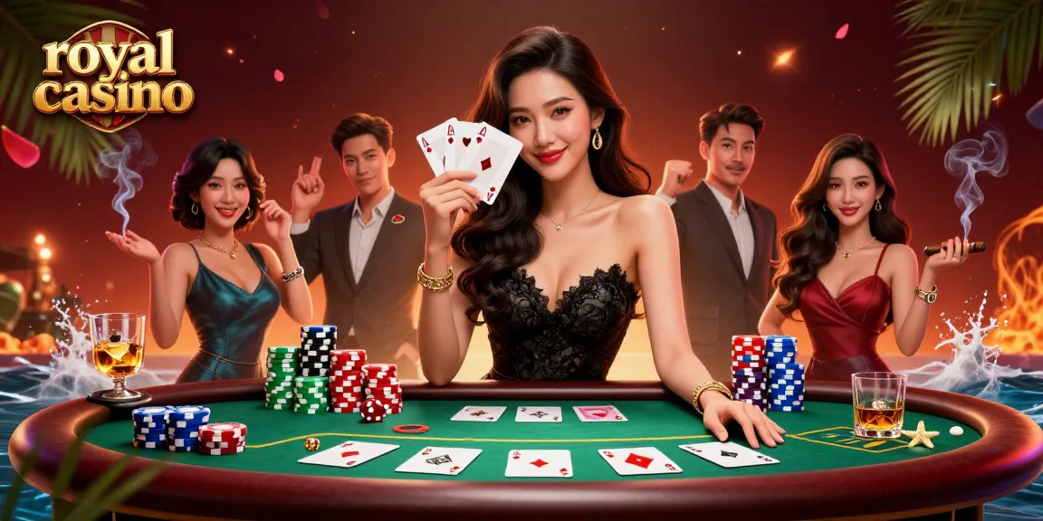 Experience royal casino excitement with elegant players and vibrant poker elements.