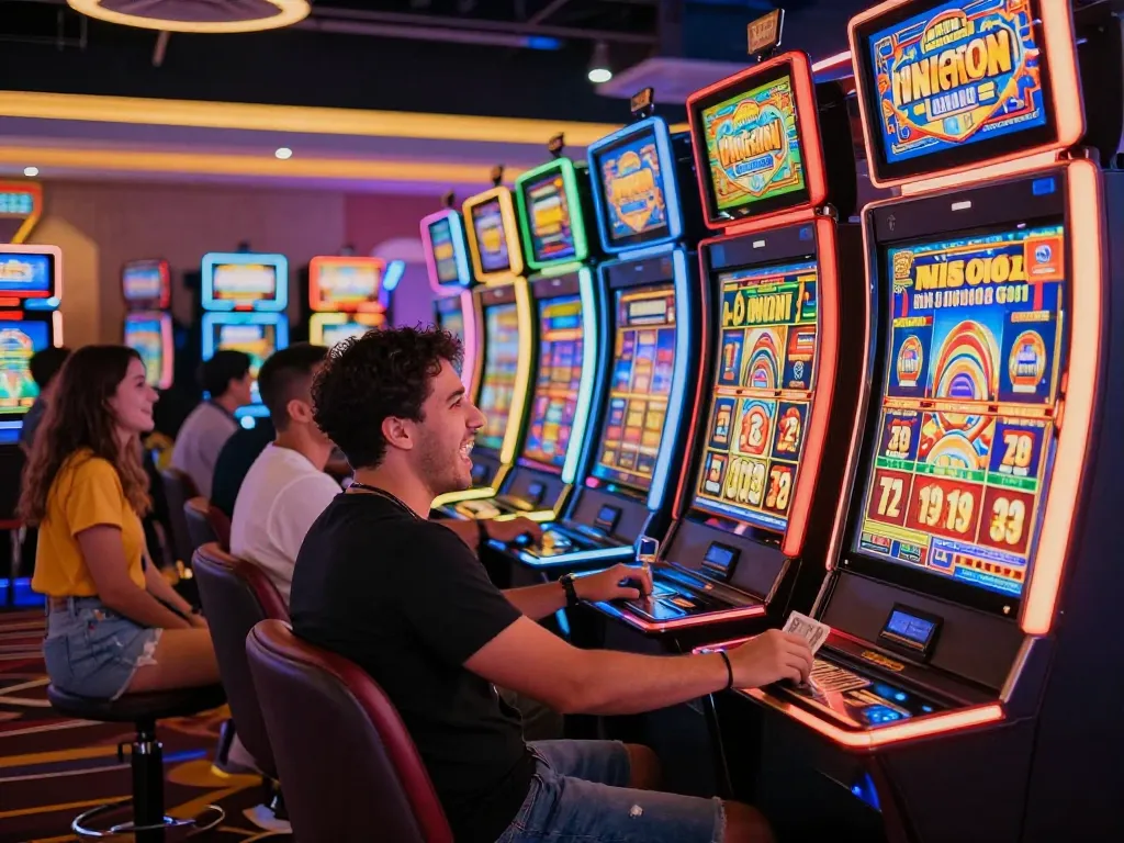 Players enjoying exciting thailand slot machines with vibrant lights and celebrations