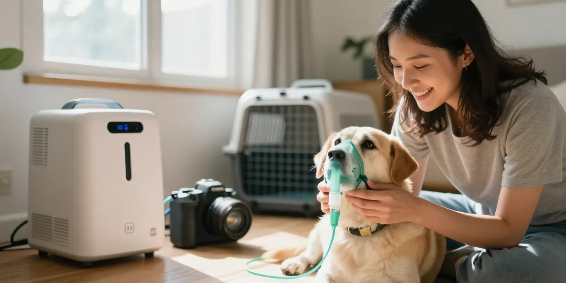 Pet owner helping a dog with oxygen therapy using equipment from https://www.petair.hk/en/ in a cozy home setting.